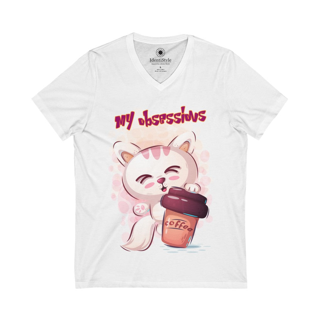 My Obsessions: Cats & Coffee! - Unisex Jersey Short Sleeve V-Neck Tee - Identistyle