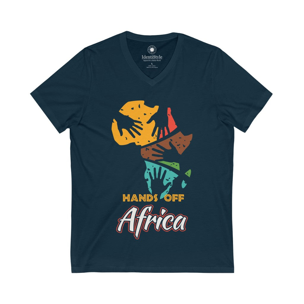 Hands Off Africa! - Unisex Jersey Short Sleeve V-Neck Tee - Identistyle
