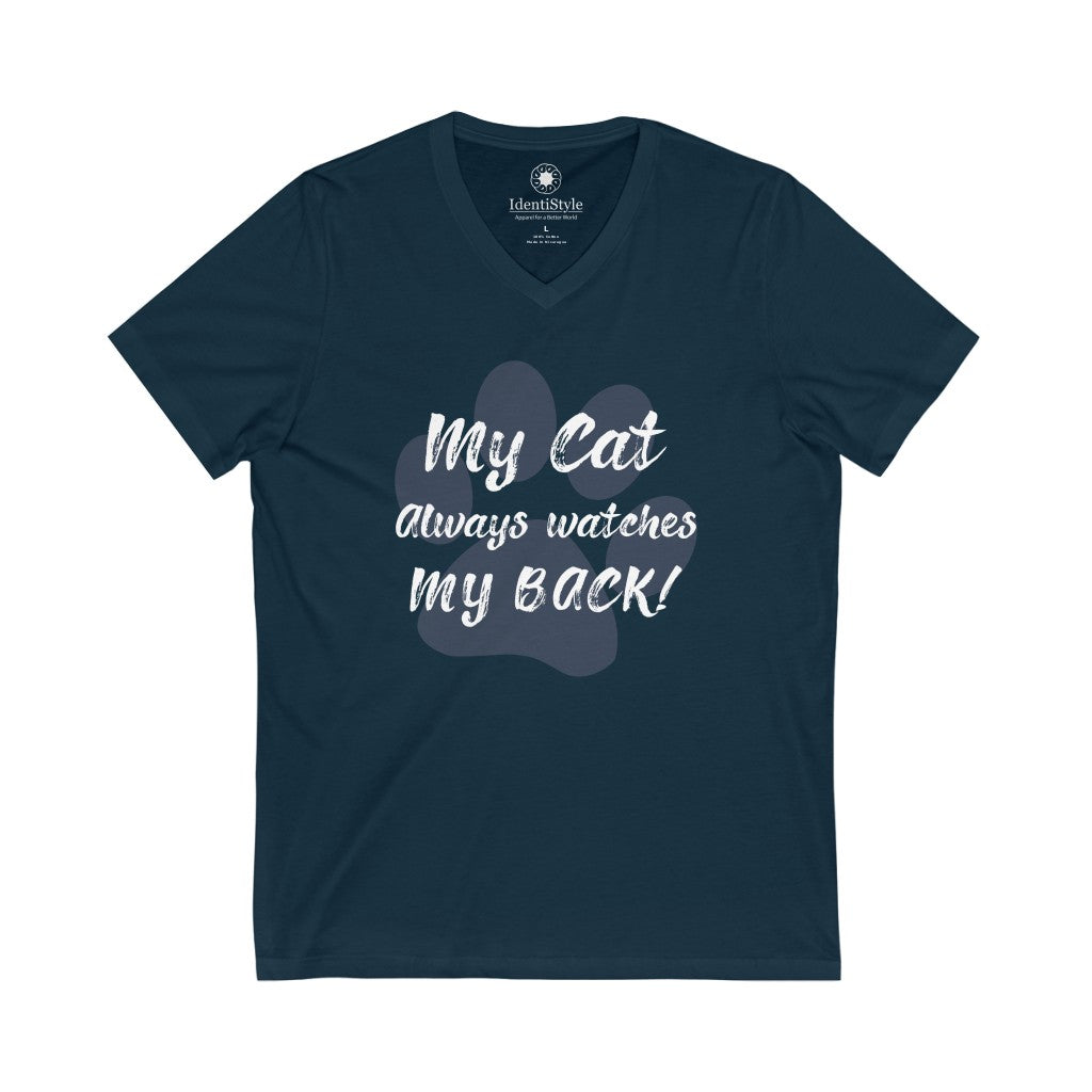 My Cat always watches my back 1 - Double Sided - Unisex Jersey Short Sleeve V-Neck Tee - Identistyle