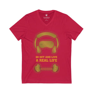 Virtual Reality - "Real Life" in Gold - Unisex Jersey Short Sleeve V-Neck Tee - Identistyle