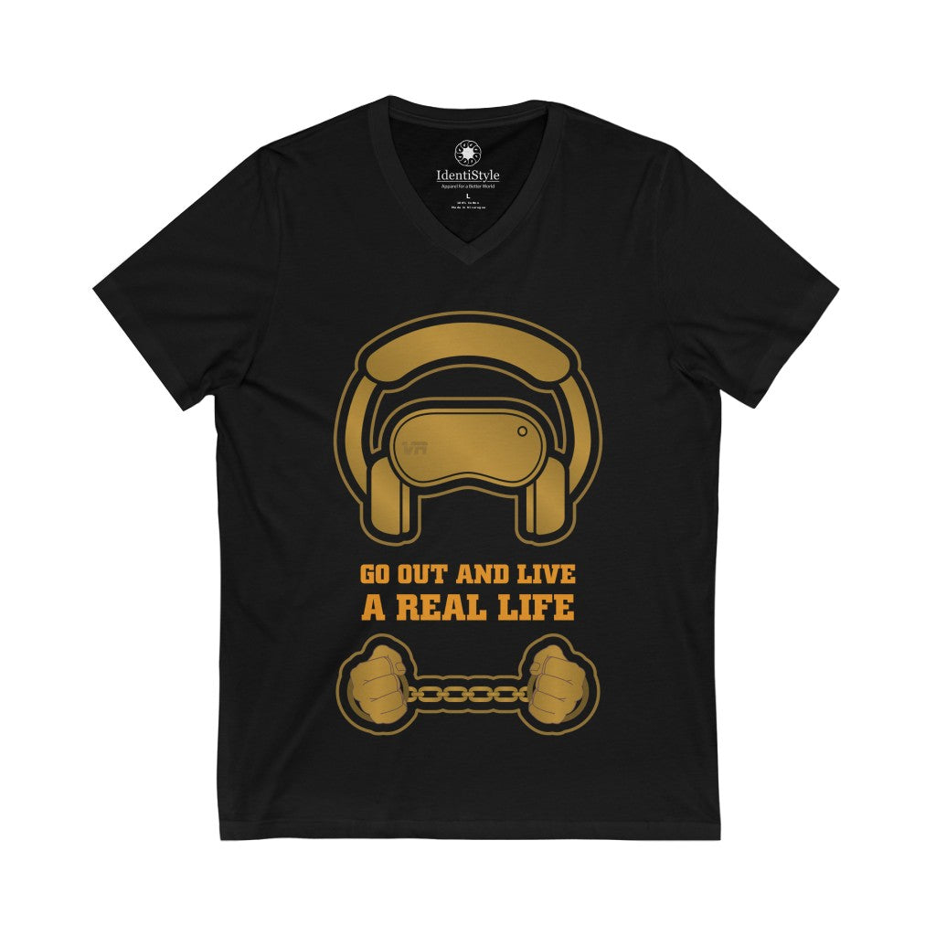 Virtual Reality - "Real Life" in Gold - Unisex Jersey Short Sleeve V-Neck Tee - Identistyle